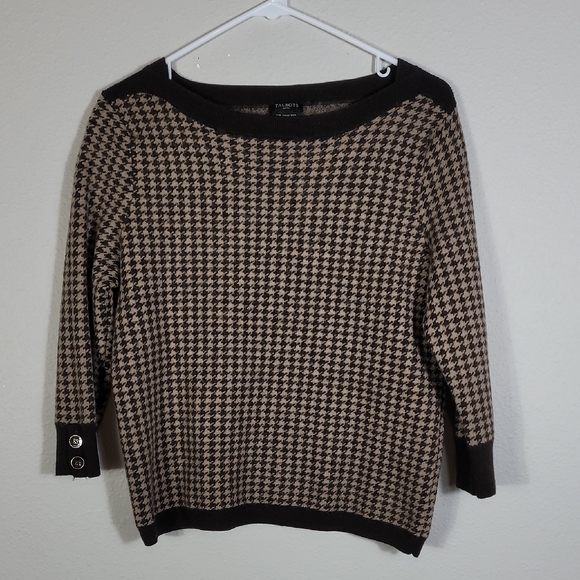 Talbots Pure Merino Wool Houndstooth Sweater Size S Brown Boat Neck Classic Prep - Picture 1 of 8